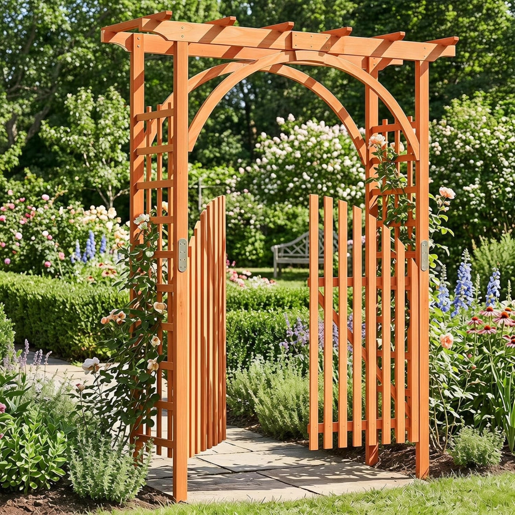Arco da Giardino in Legno Abete, Pergola per Piante Rampicanti | con Cancello e Serratura, Pergolato Decorativo da Esterno per Matrimonio, Cerimonia e Festa, 161 x 60 x 216 cm
