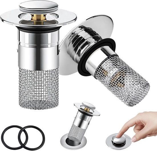 Set di scarico per lavandino da 2 pezzi, diametro 34-40 mm, chiusura a pop-up con griglia in acciaio inossidabile, universale per scarico di cucina.