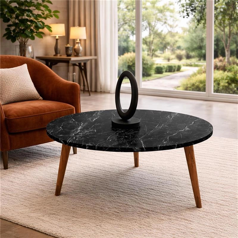TABLE TAVOLINO TONDO DA CAFFÈ CON PIANO AD EFFETTO MARMO NERO DA D.75X43H  CM