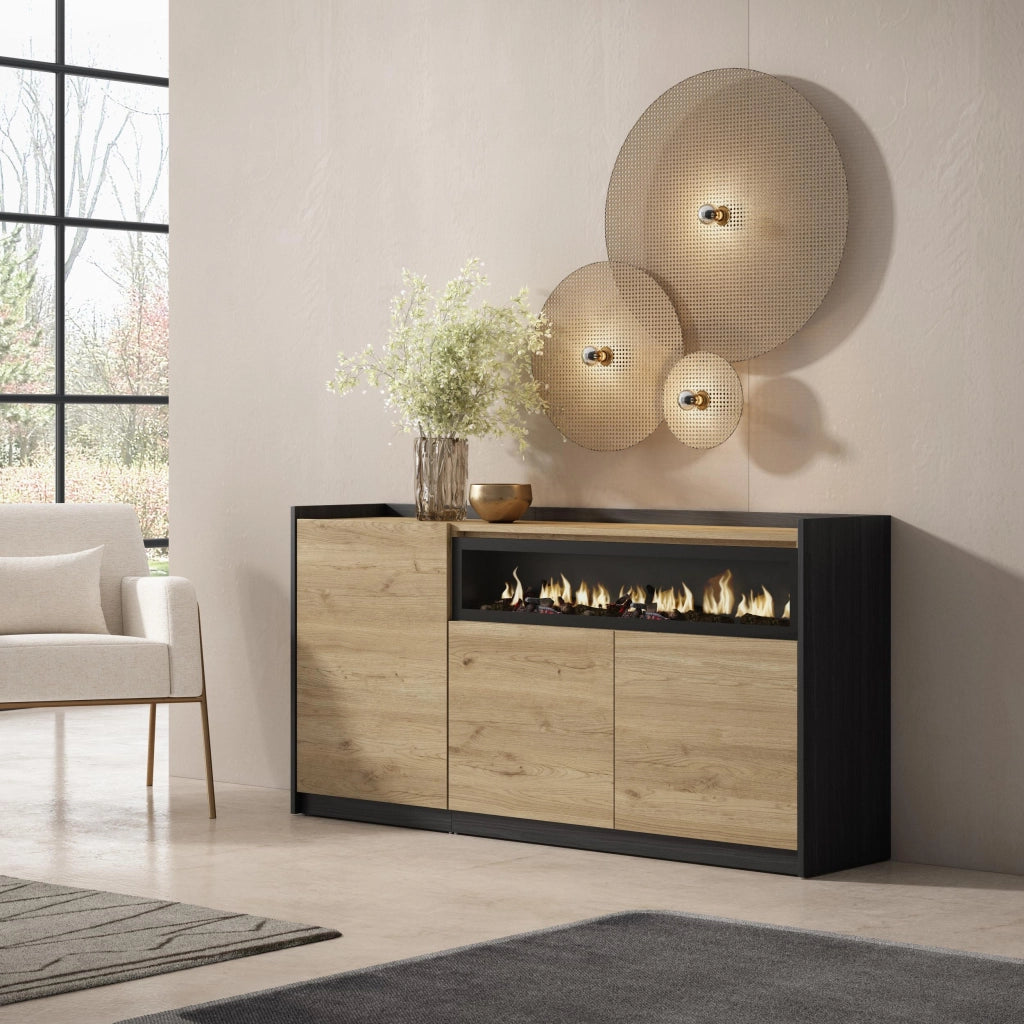 Credenza, Mobile, Cucina, 156x80x37 cm, 3 Porte, Camino elettrico, Rovere e nero