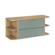 Insieme OSTER 120cm: mobile sottolavabo con cassetti verde salvia e nicchie visibili arrotondate + piano per lavabo effetto rovere chiaro