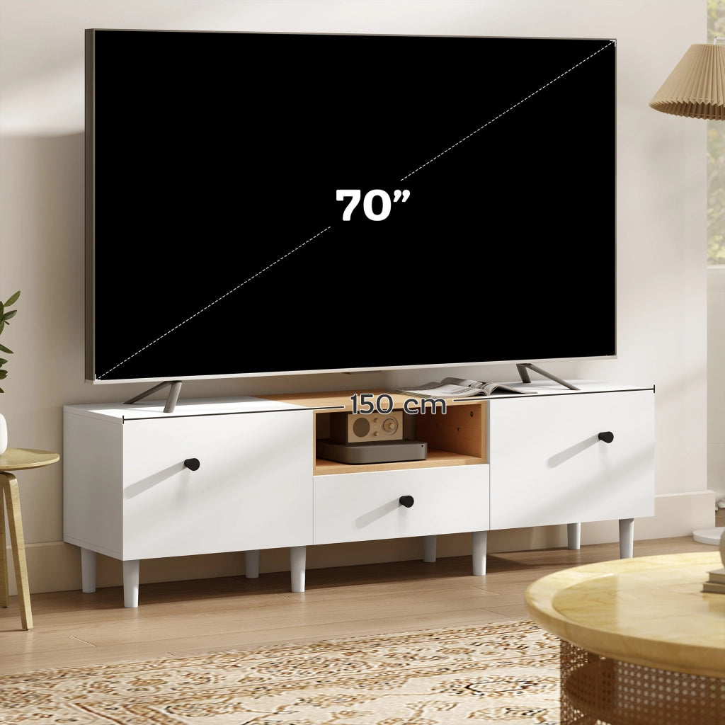 Mobile TV 70" Max con 2 Ante a Ribalta Cassetto e Scaffale Aperto 150x35x45 cm in Legno Bianco e color Legno