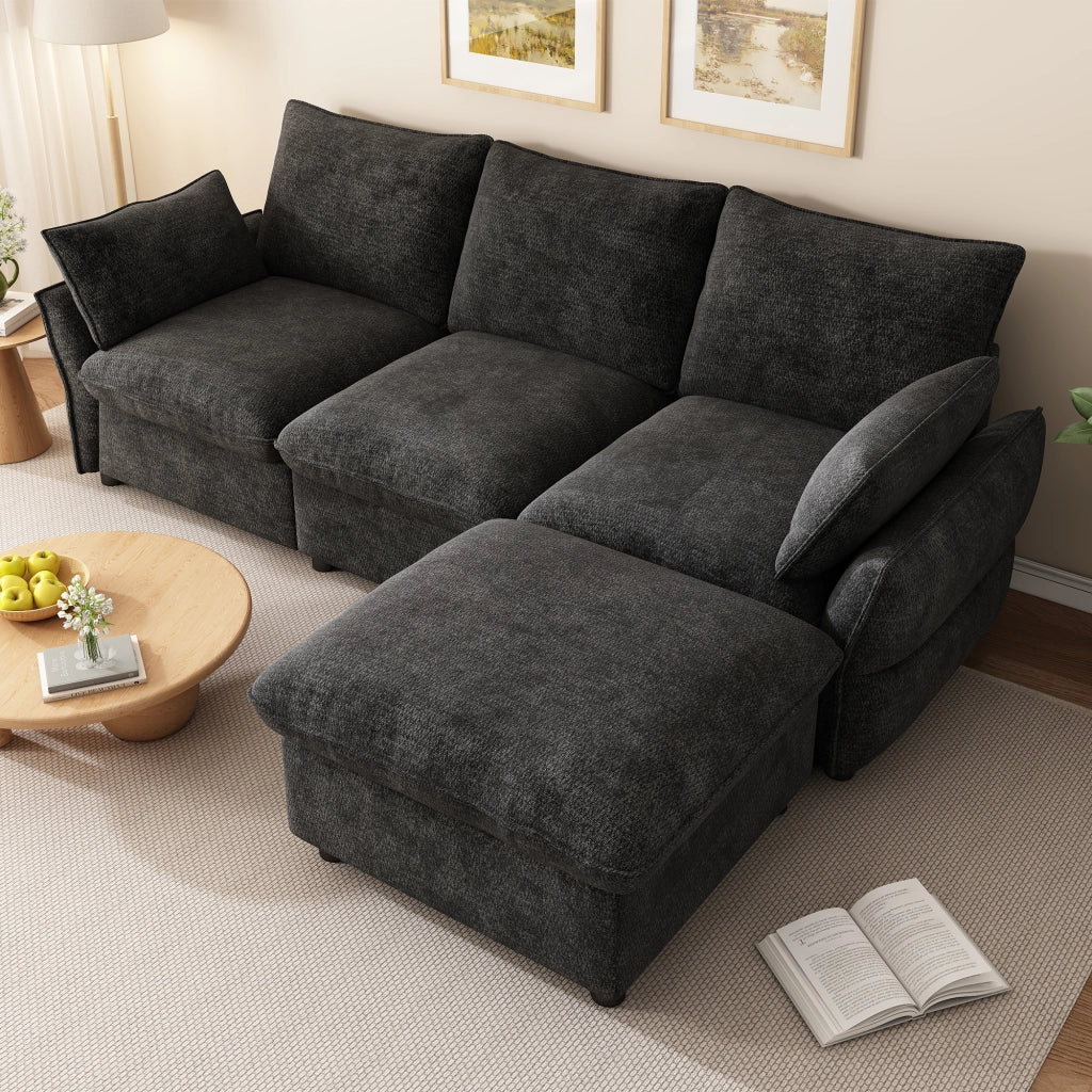 Divano angolare moderno in chenille con ottomana e 2 cuscini, 3 posti, grigio scuro, 222,5 ¡Á 154,5 ¡Á 76,5 cm