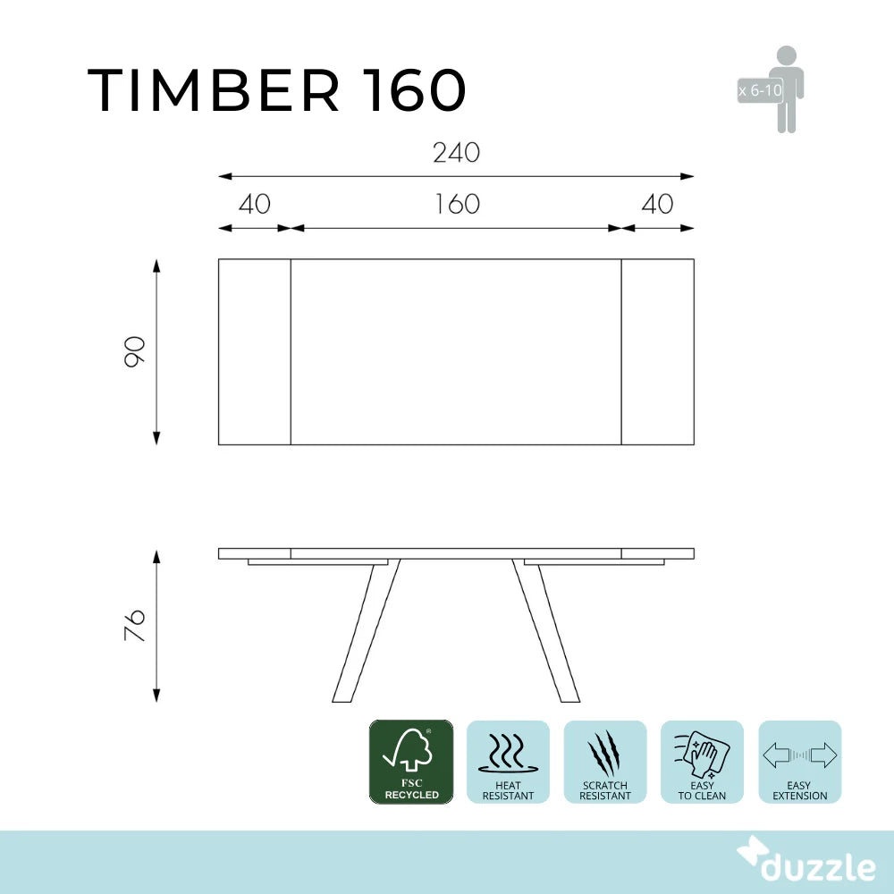Tavolo da pranzo allungabile in legno impiallacciato rovere naturale Timber 160-240x90 cm fino a 10 posti Made in Italy | Duzzle