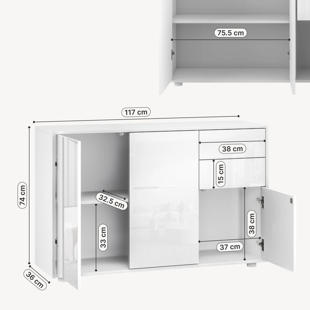 Credenza Paarl Comò con 3 Ante e 2 Cassetti 74x117x36 cm - Bianco Lucido [en.casa]