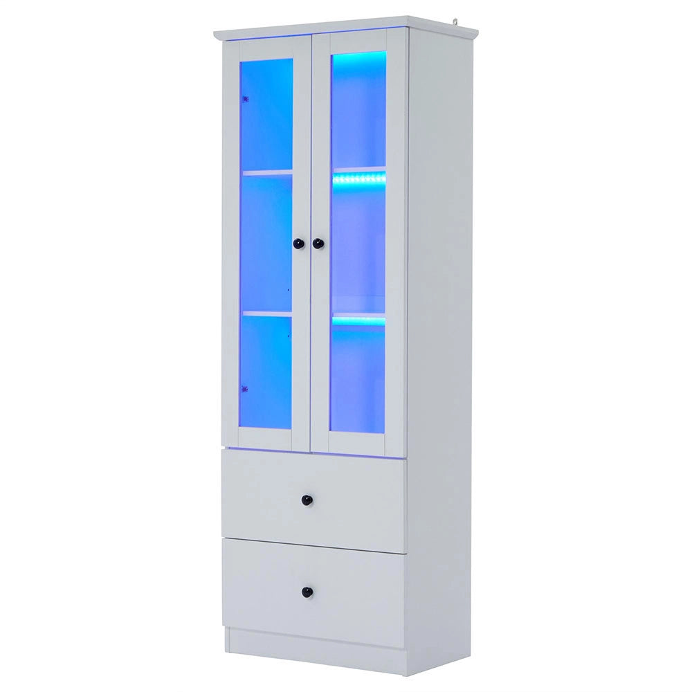 Vetrina moderna LED - Xylo - 165 cm - Bianco opaco - USB, telecomando 16 colori, vetro, 2 cassetti, ripiani regolabili, ante battenti