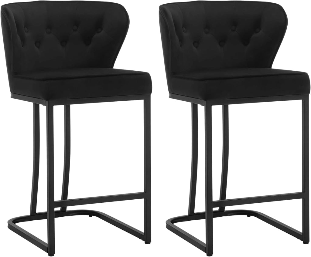 Set di 2 Sgabelli da Bar con Schienale, Sedie Sala Pranzo con Poggiapiedi Ergonomica per Cucina, Camera da Letto, Soggiorno, Sedie in Velluto e Gambe in Metallo, Nero, BH383sz-2