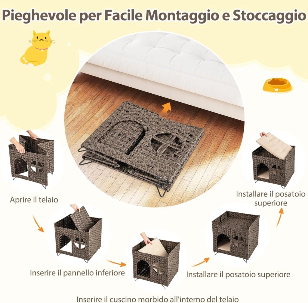 Casetta per Gatti in Rattan 50,5 x 45 x 50 cm, Cuccia a 2 Piani per Gatti con 2 Cuscini, Letto per Animali Domestici per Camera da Letto e Soggiorno