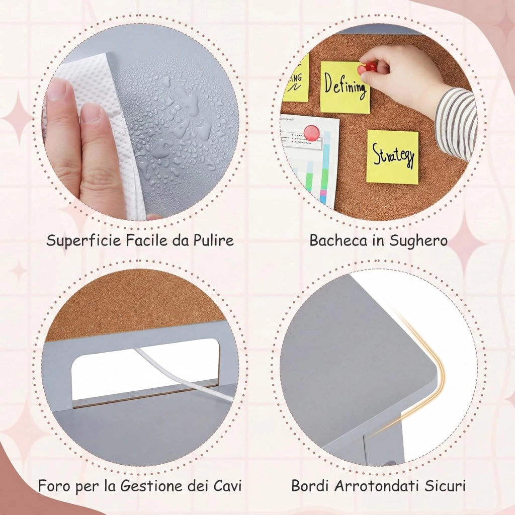 Set Scrivania e Sedia per Bambini, Tavolo per Studenti in Legno con Bacheca in Sughero, Cassetto, Pensile con Ripiani Aperti, Postazione Computer per Bambini per Studio e Lettura (Grigio)