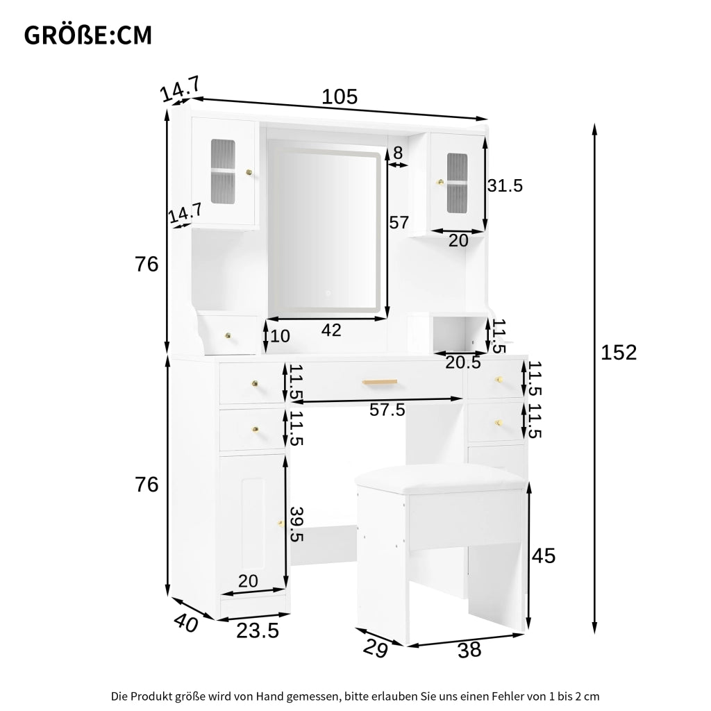 Toeletta con 6 cassetti e 4 ante; specchio LED - per camera da letto - bianco