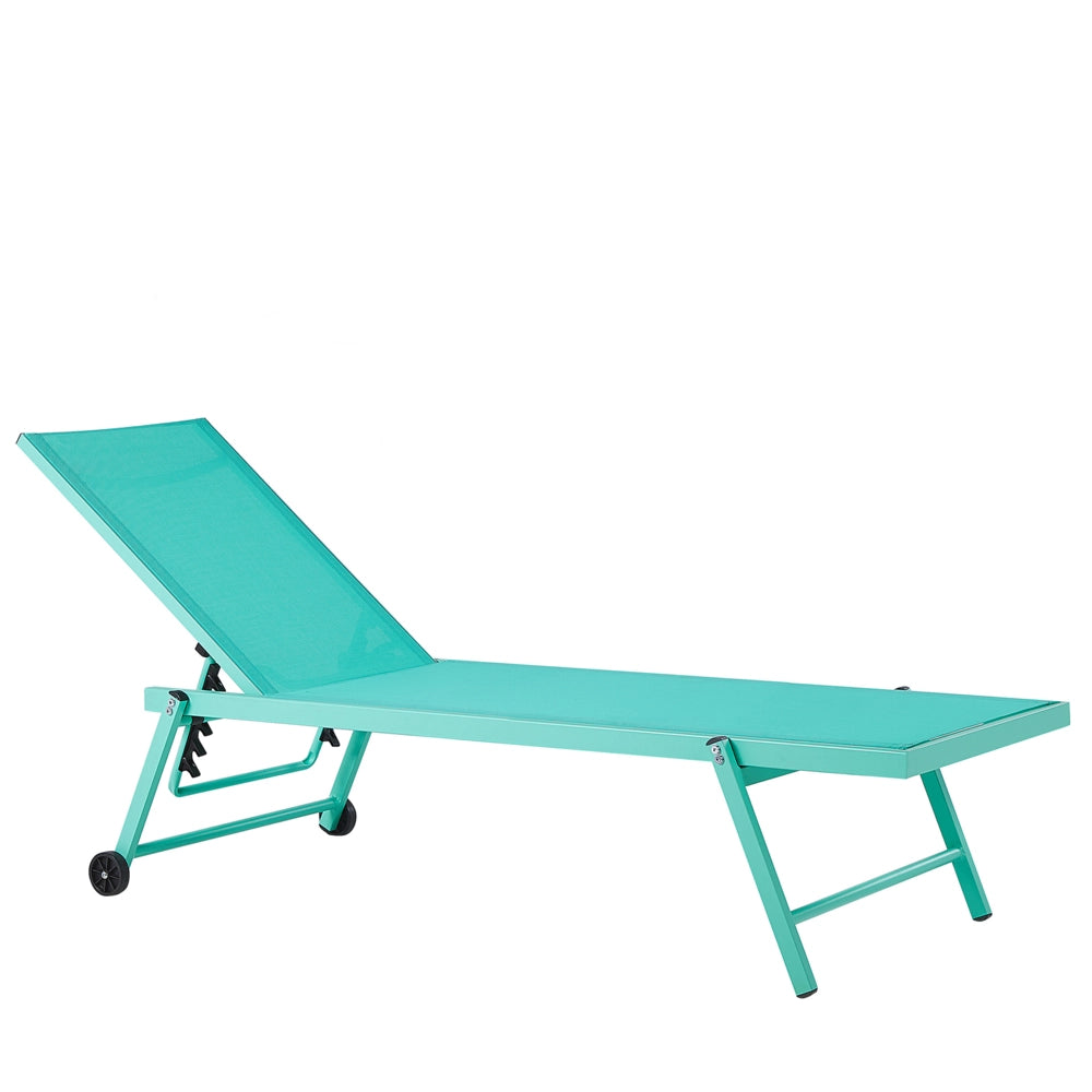 Lettino prendisole da giardino Sedile sintetico turchese Struttura in alluminio 198 x 61 cm Schienale reclinabile regolabile con ruote Patio