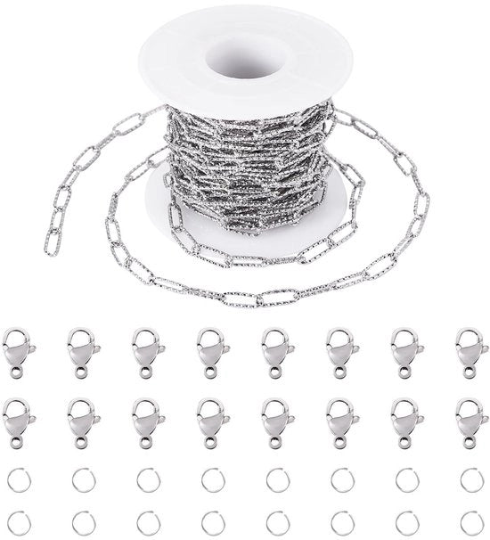 Kit di catenelle in acciaio inossidabile per gioielli DIY - 5m - 12x4x1mm - chiusure a grappolo di granchio - 30 anelli aperti - catenelle per gioielli