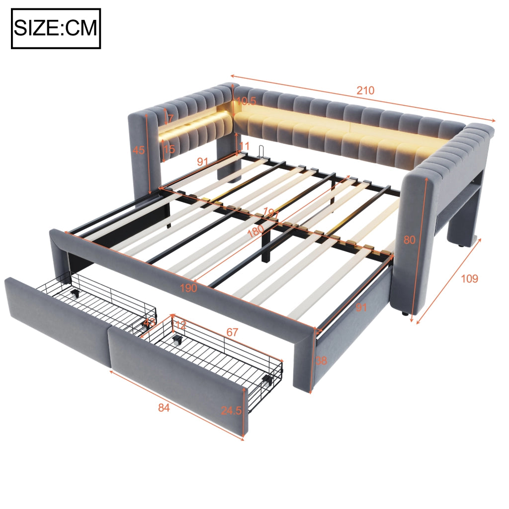 DESMIU Divano letto 90 × 190 cm 1 posto con cassetti, vani portaoggetti, LED, USB e Type-C, senza materasso, grigio