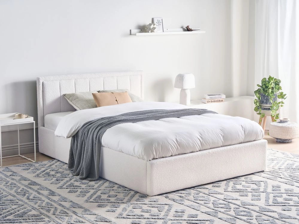 Letto Ottomano Bianco Boucle 140x200 cm Struttura imbottita con Testiera