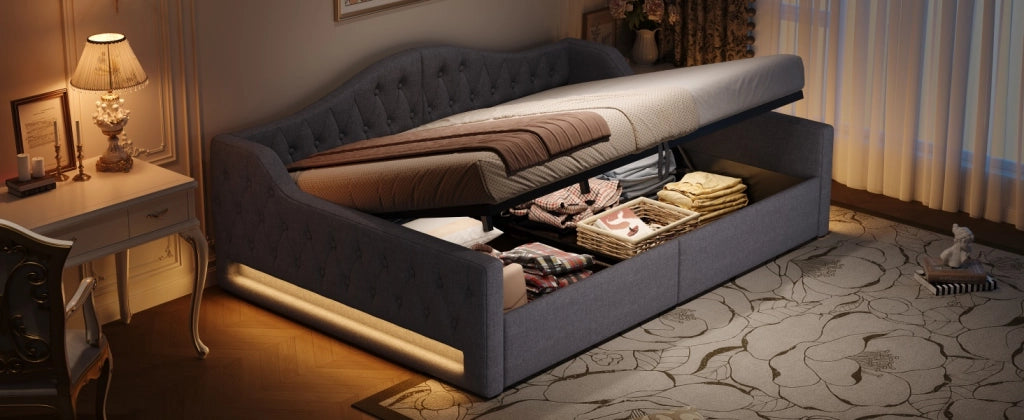 Letto giorno con illuminazione LED e vano contenitore grigio MDF compensato 140x200 cm