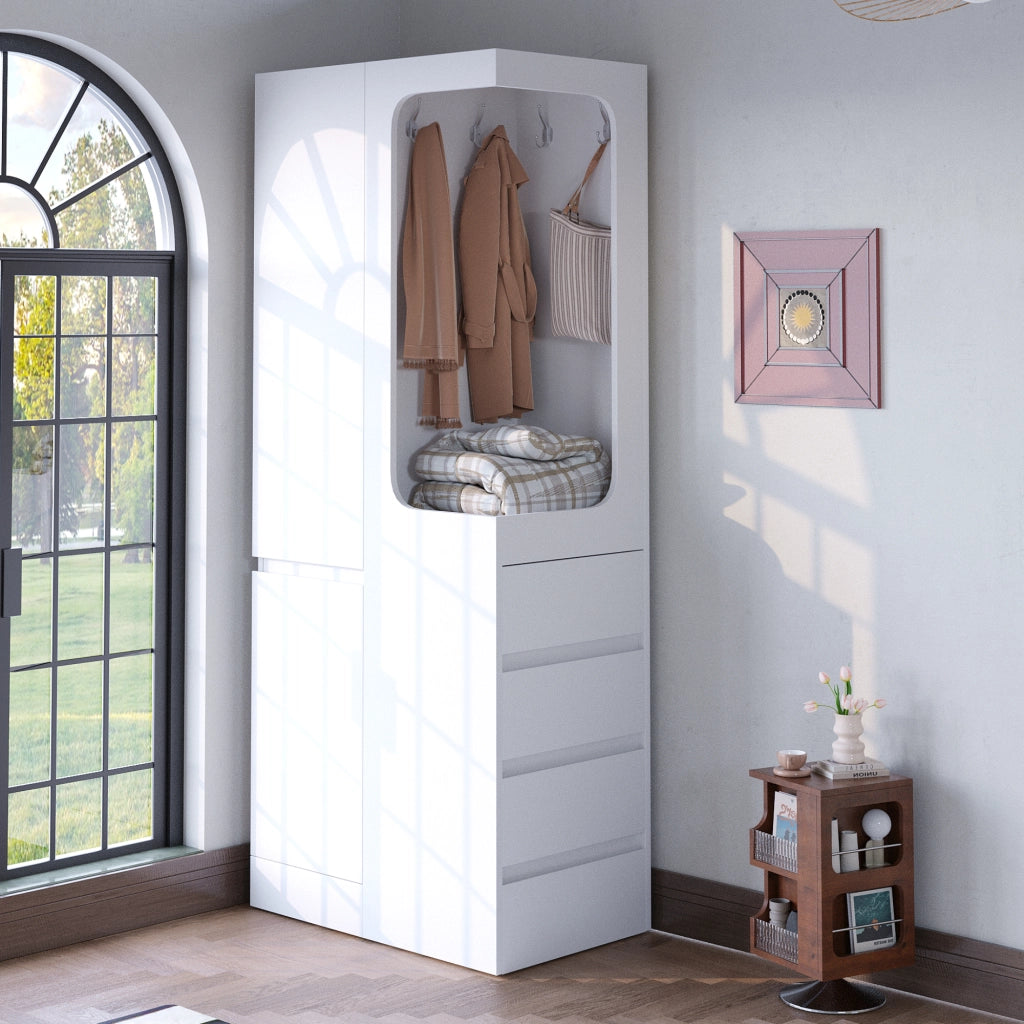 ARMADIO 70 x 40 x 170 cm con cassetti e vano appendiabiti aperto Bianco