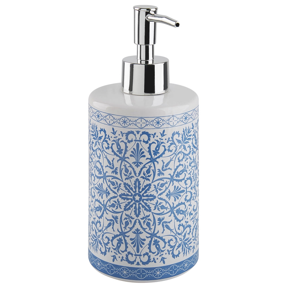 Set di 3 Accessori Bagno in Ceramica bianca e blu decorata dispenser sapone Portaspazzolino recipiente