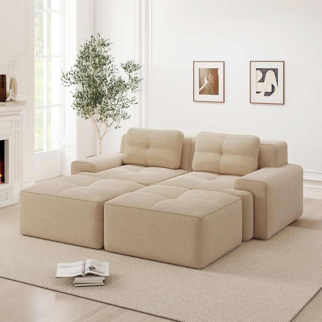 Divano modulare senza struttura in velluto a coste; seduta profonda 74 cm; schienale curvo; beige
