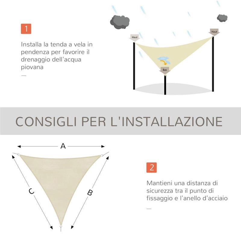 TENDA DA SOLE A VELA OMBREGGIANTE TRIANGOLARE 5 X 5 X 5 MT COLORE BEIGE