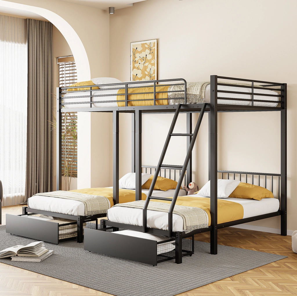Letto a castello triplo in metallo 140x200 e 2x90x200 nero con 2 cassetti