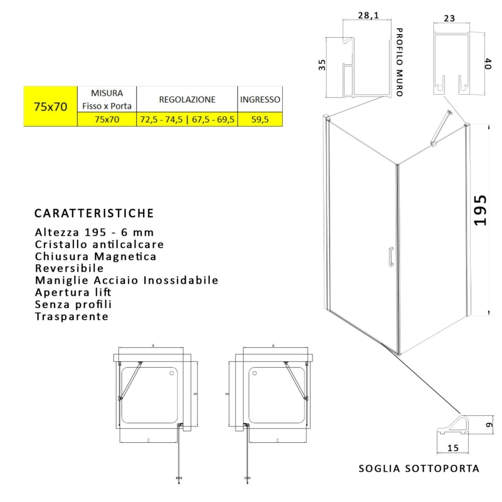 Box doccia angolare con porta battente e lato fisso h195cm 6mm salema, misura 75x70
