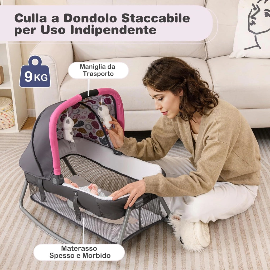 5 in 1 Culla Campeggio Bambini, Lettino Viaggio Neonati Pieghevole con Materasso, Fasciatoio, Box Portatile con Ruote, 2 Giocattoli e Carillon, per Bambini 0-3 Anni (Rosa Scuro)