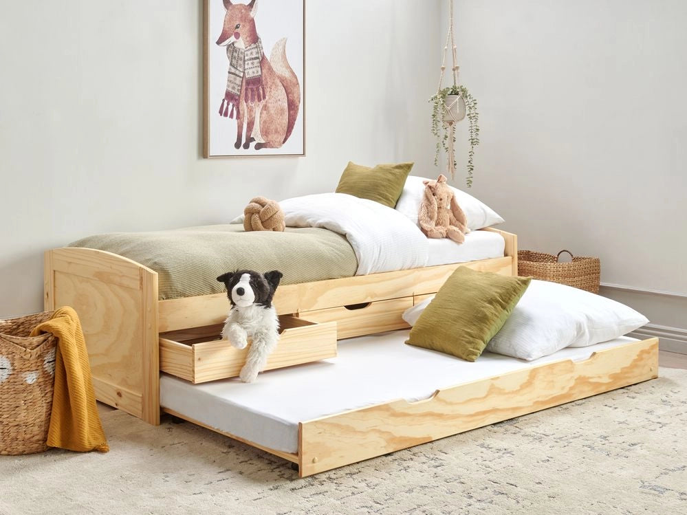 Letto estraibile per bambini in legno di pino chiaro UE a misura singola Telaio Extra Silde Out con cassetti di stoccaggio