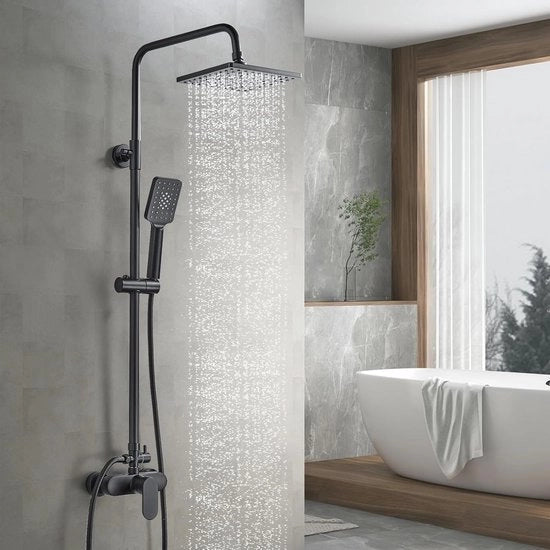 Colonna doccia regolabile in nero con rubinetto a comando e doccia manuale - sistema doccia a parete per la stanza da bagno