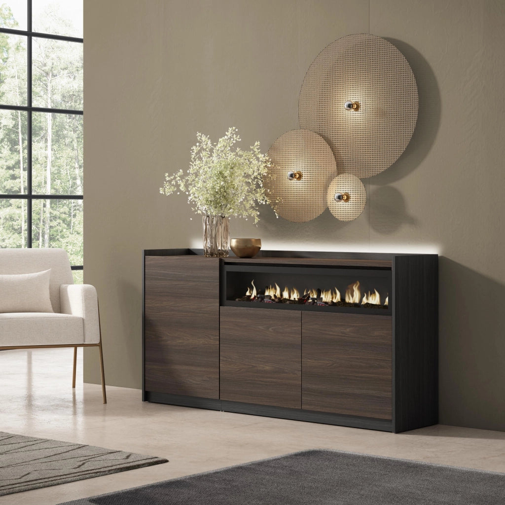 Credenza, Mobile, Cucina, 156x80x37 cm, 3 Porte, Camino elettrico, LED, Rovere scuro e Nero