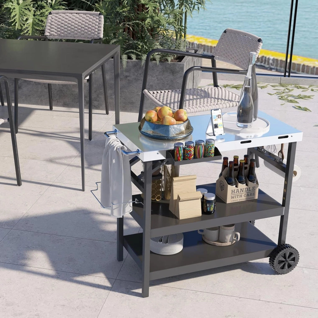 Carrello Barbecue con 3 Ripiani, Carrello per Grigliare, 106 x 52 x 84cm, Carrello da Pranzo per BBQ in Metallo, con Ripiano Regolabile, Ruote, Portasciugamani e Supporto per Cellulare, Nero