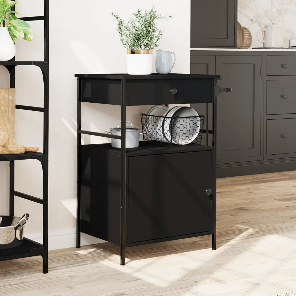 Carrello da Cucina-Scaffale per Cucina Nero 56x43x89,5 cm in Legno Multistrato