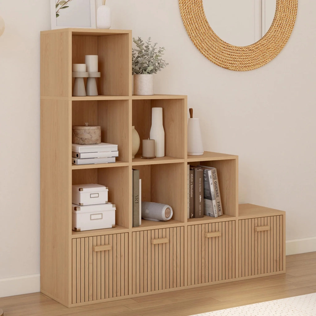 IDMarket - Contenitore LORYS JULIETTE a 4 livelli ad effetto doghe con 4 cassetti in tessuto