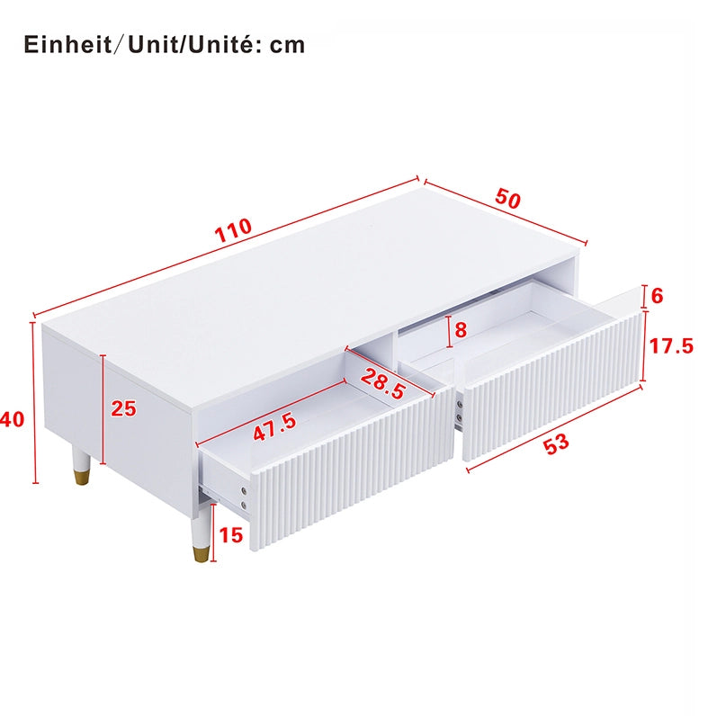 Tavolino da caffè moderno 110x50x40 cm in MDF bianco con LED e 2 cassetti