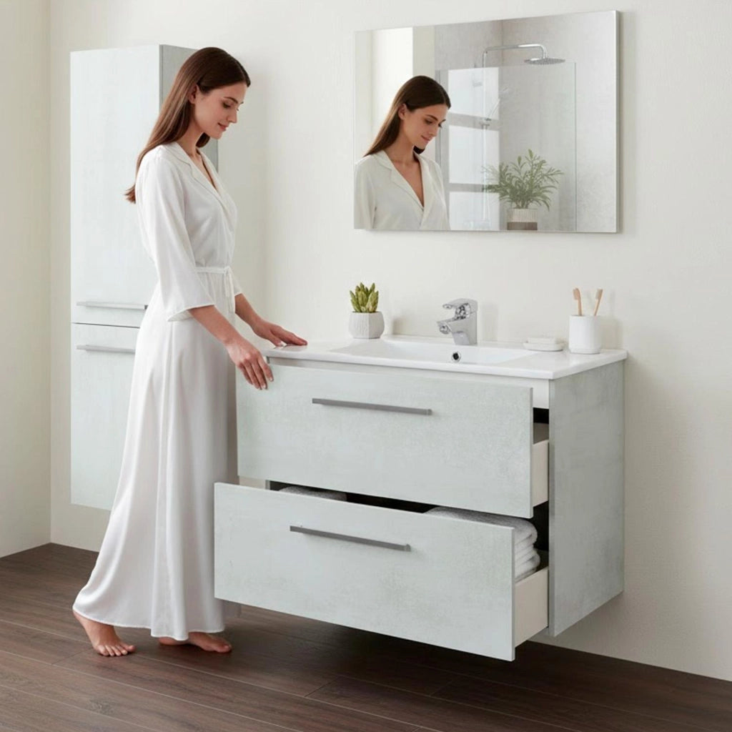 Arredo Bagno Sospeso Mobiletto Due Cassettoni Soft Close Lavandino Lavabo Ceramica Specchio Design Moderno Nordico 57 x 80 x 45 Cm Colore Grigio Cemento