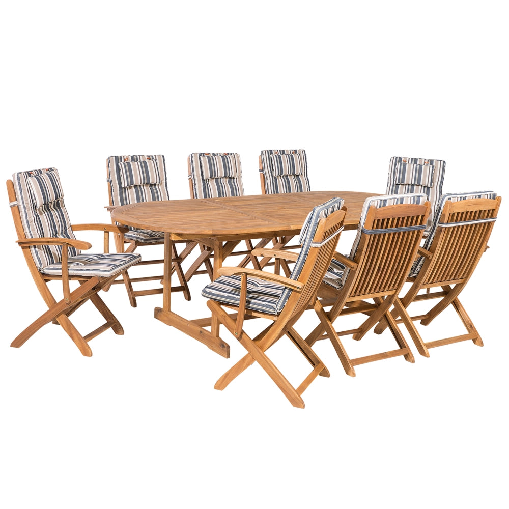 Set da pranzo all'aperto in legno di acacia chiaro con cuscini a righe tavolo a 8 posti sedie pieghevoli design rustico