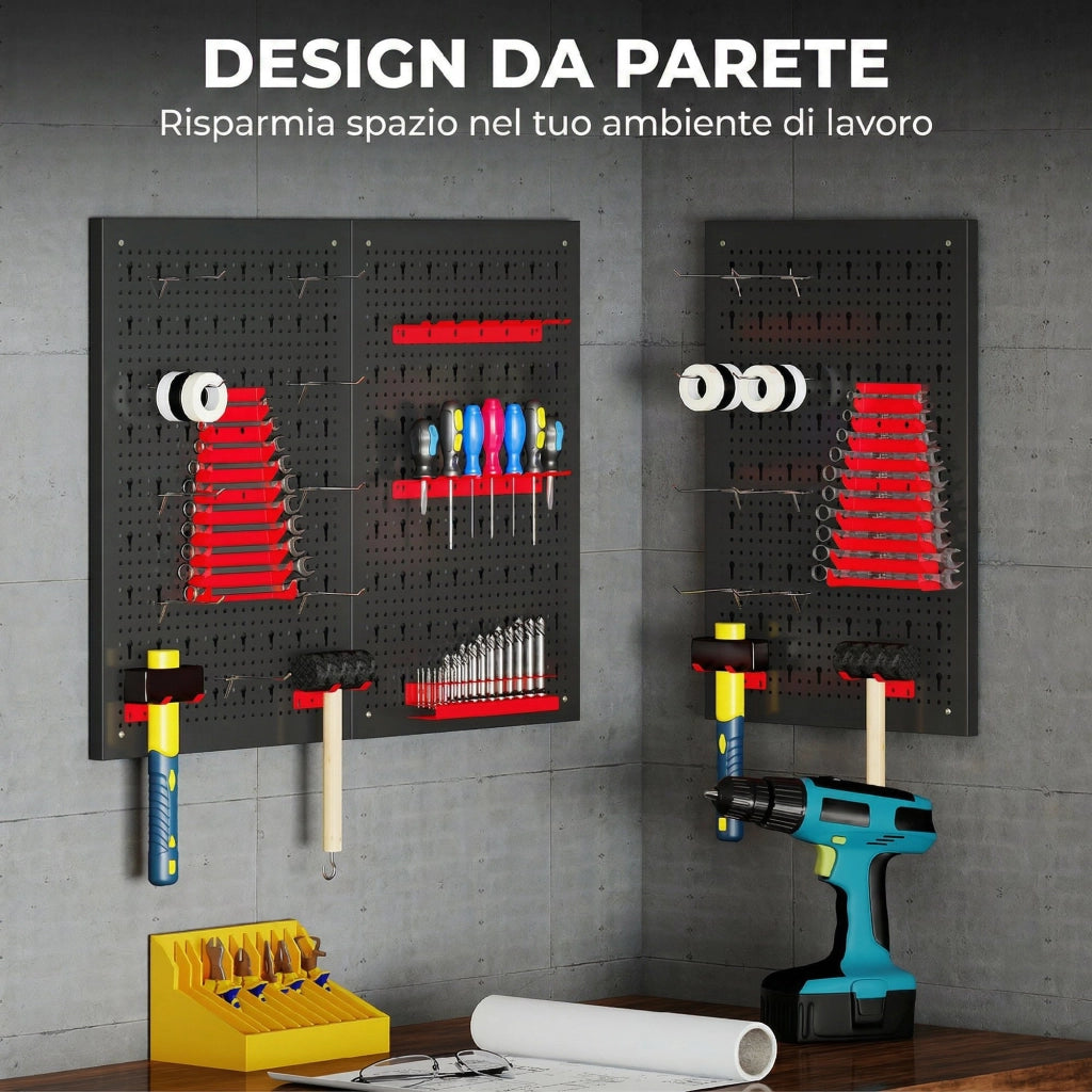 Set 3 Pannelli Porta Attrezzi da Parete in Acciaio con 9 Supporti e 16 Ganci. Nero e Rosso