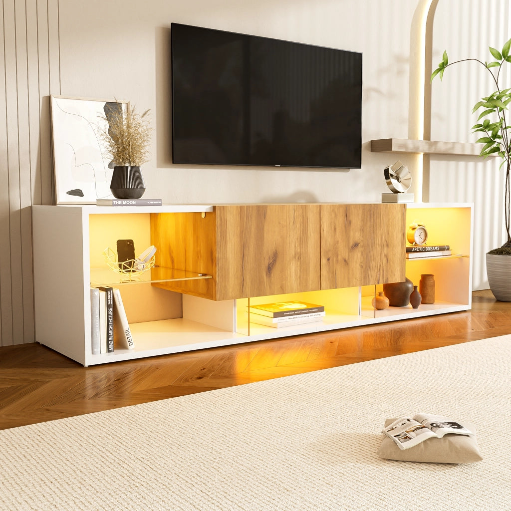 Mobile TV con 2 cassetti e LED - per soggiorno - 160x40x42 cm - in truciolare - bianco