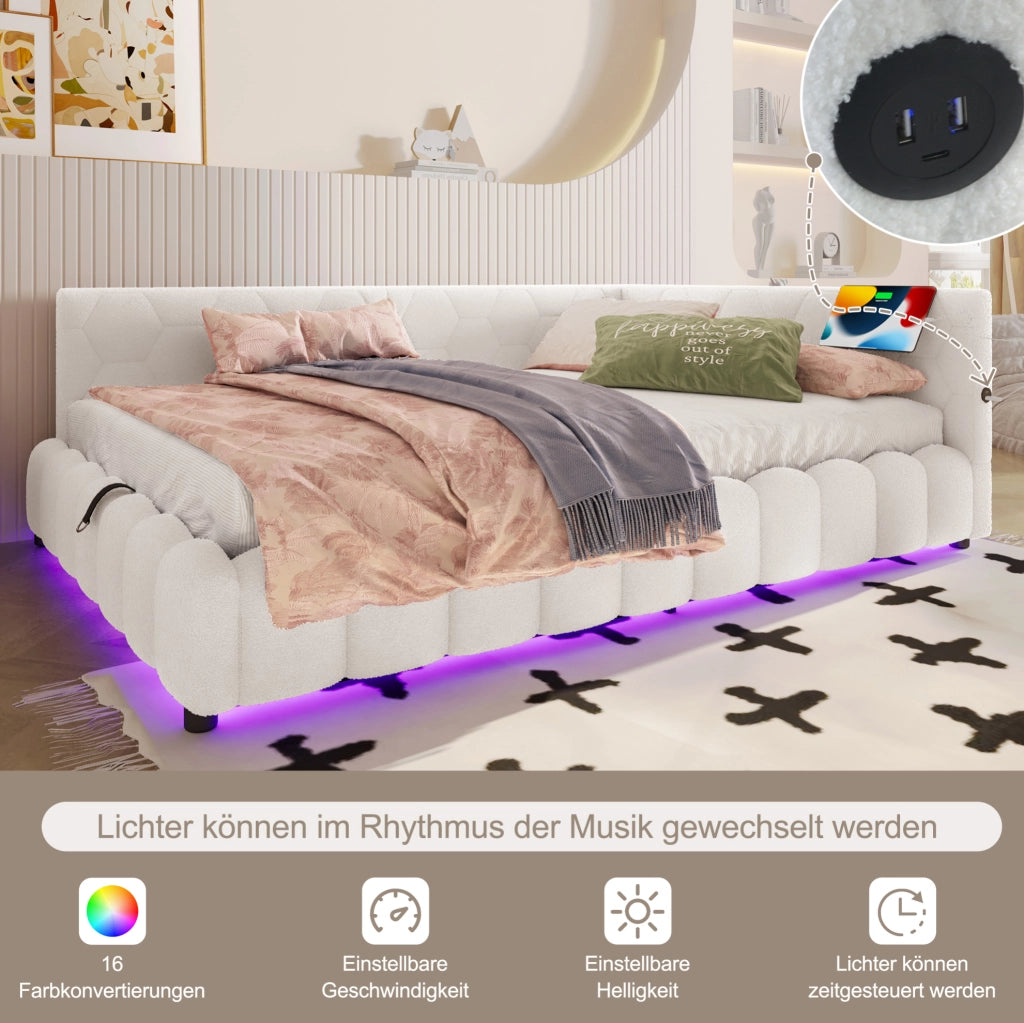 Letto contenitore 90x200 cm con LED, USB e Type-C