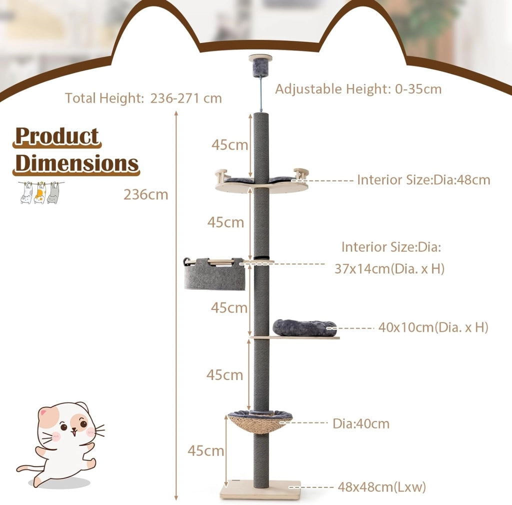 Tiragraffi alto a soffitto, altezza 236 – 271 cm, con 4 livelli, pedana per lettino, tronco spesso 10 cm, tenditore a soffitto regolabile in altezza, albero da arrampicata per gatti