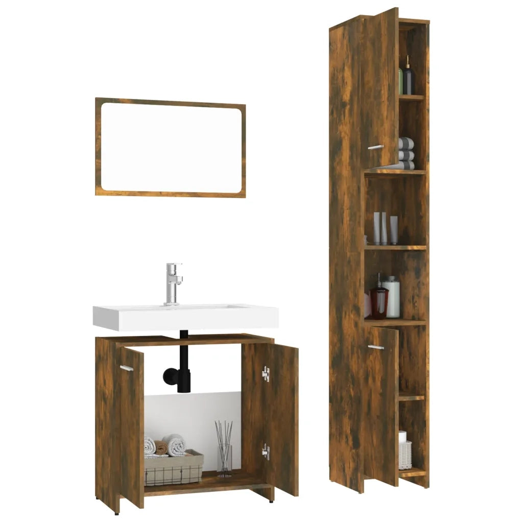 Set Mobili da Bagno 3 pz Rovere Fumo in Legno Multistrato 3152716