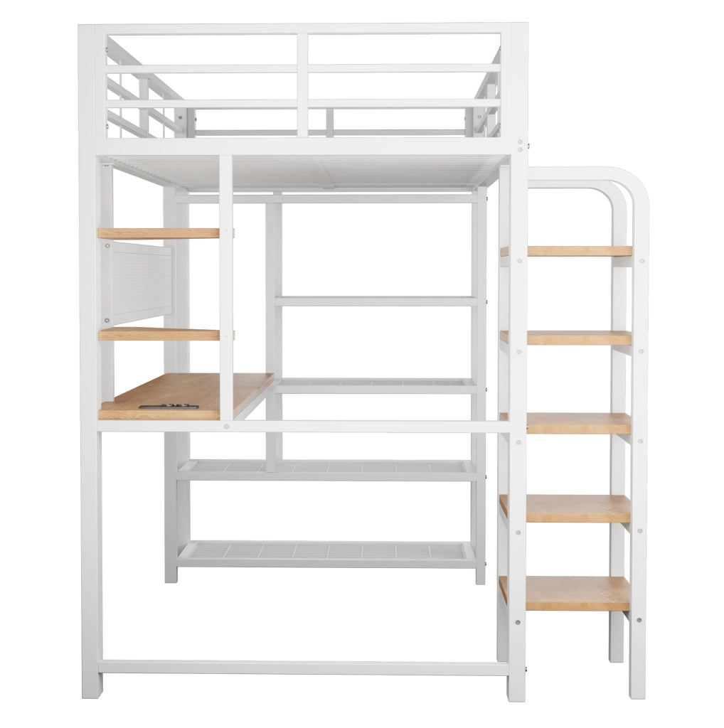 Letto a soppalco 90x200 cm con scrivania, LED e prese in ferro bianco
