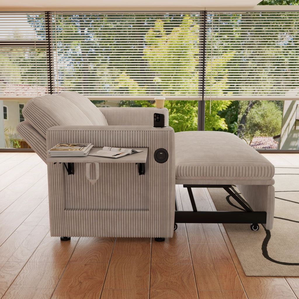 Divano letto 3 in 1 con schienale regolabile a 5 posizioni, portabicchieri, tasche laterali in velluto bianco