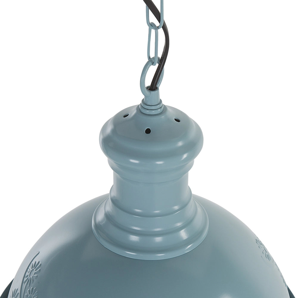 Lampada a sospensione in metallo blu di forma rotonda con ornamenti floreali industriali