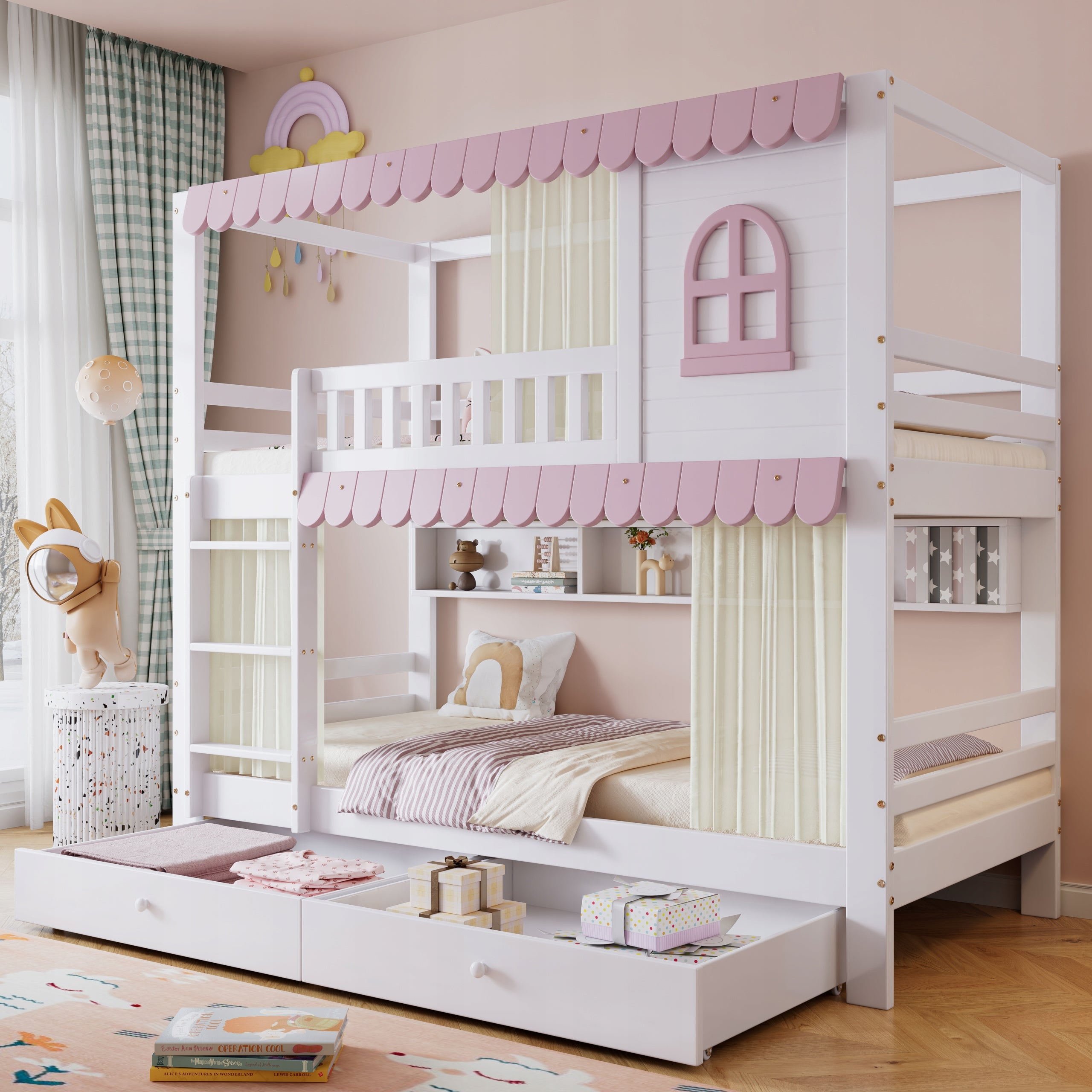 Letto a castello per bambini 90x200 bianco-rosa - Xylo