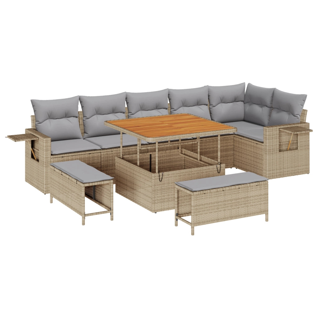 Set di divani da giardino  9 Pezzi con cuscini beige in polyrattan acacia