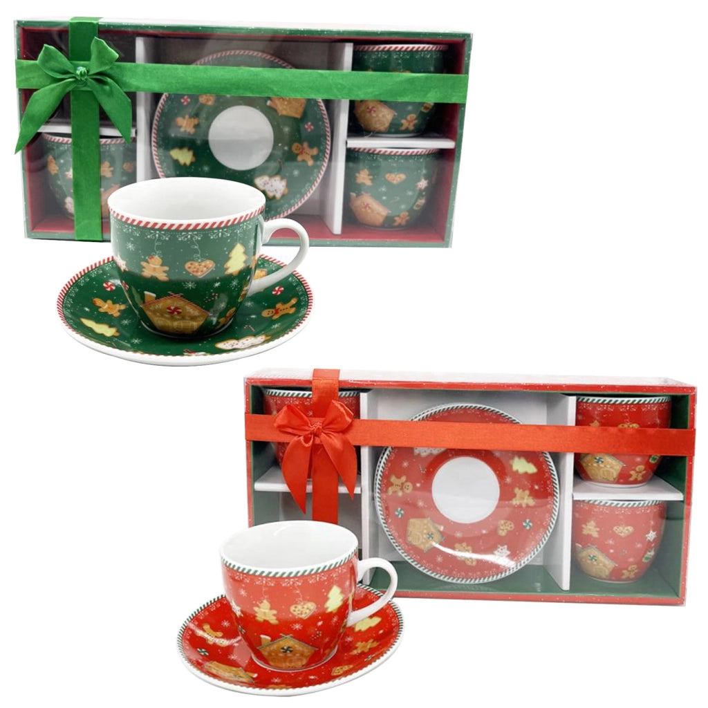MA MAISON SET 4 TAZZE 210 CC CON PIATTINO STILE COOKIES ROSSE E VERDI IDEA REGALO