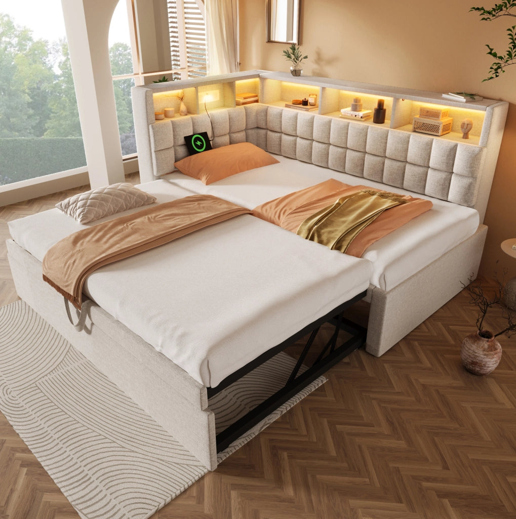 Letto imbottito con letto estraibile 90x200 cm; LED; Bluetooth; USB e Type-C; beige