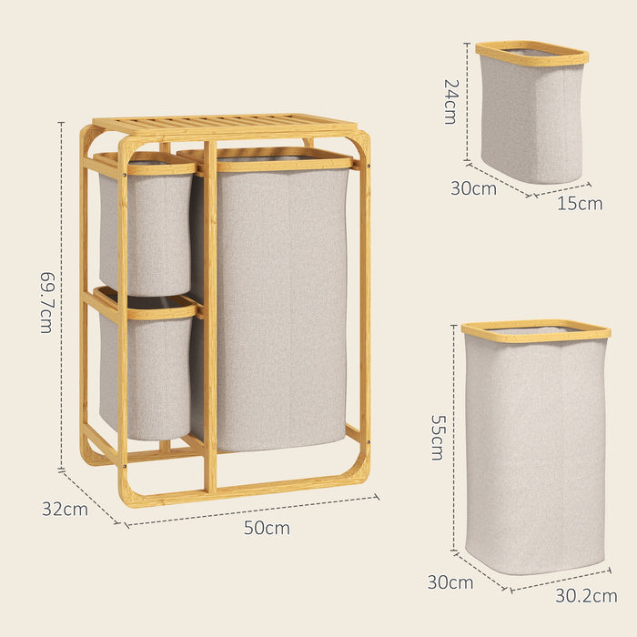 Cesto Portabiancheria con 3 Scomparti Estraibili in Tessuto color Crema e Struttura in Bambù 50x32x69,7 cm