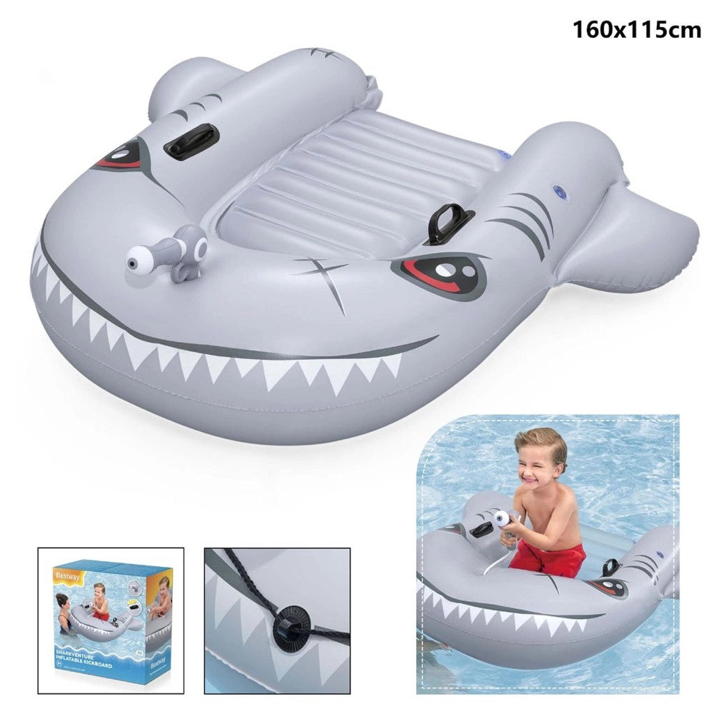 Trade Shop - Gonfiabile Squalo Tavola Da Nuoto 160x115cm Per Bambini Con Pistola Ad Acqua Maniglie 42073 -