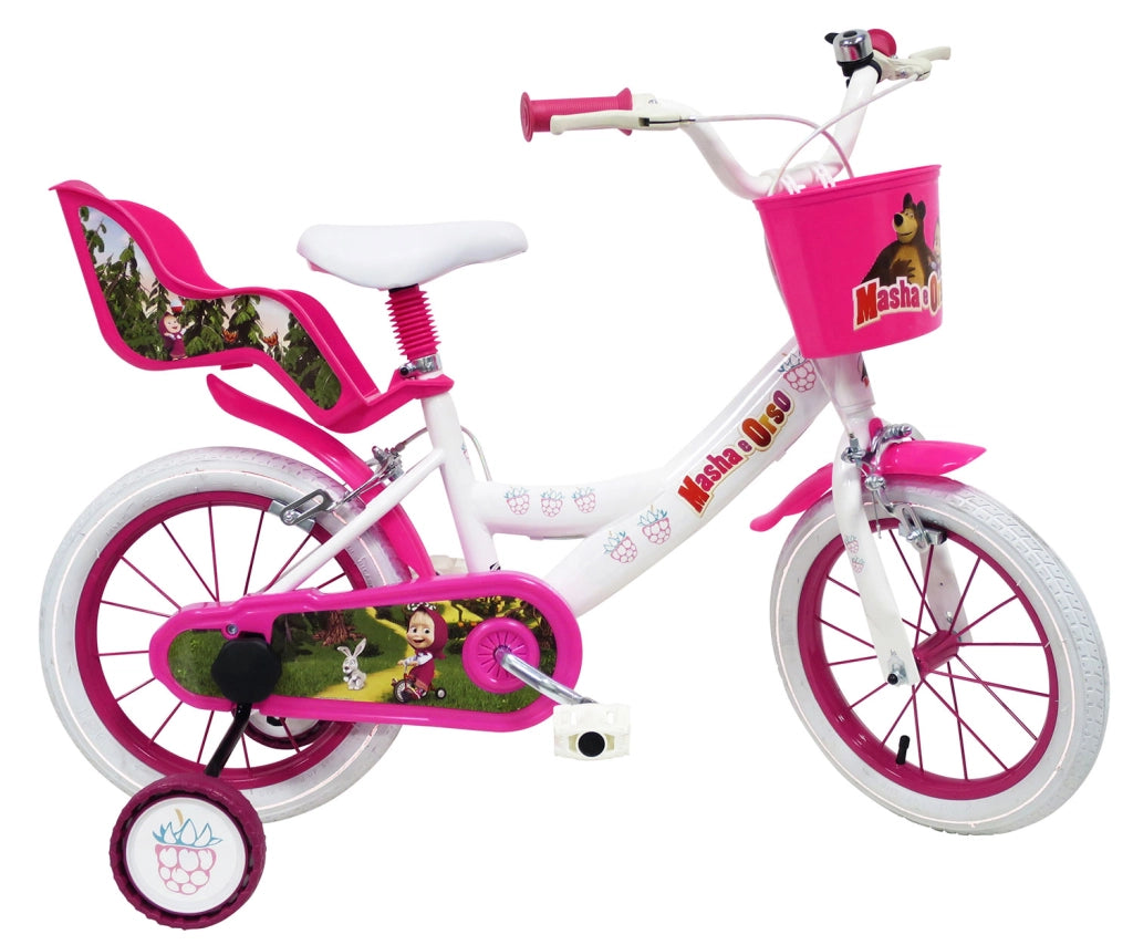 Bicicletta per Bambine 16" Masha e Orso Freni Caliper e Stabilizzatori in Acciaio Hi-Ten Bianco